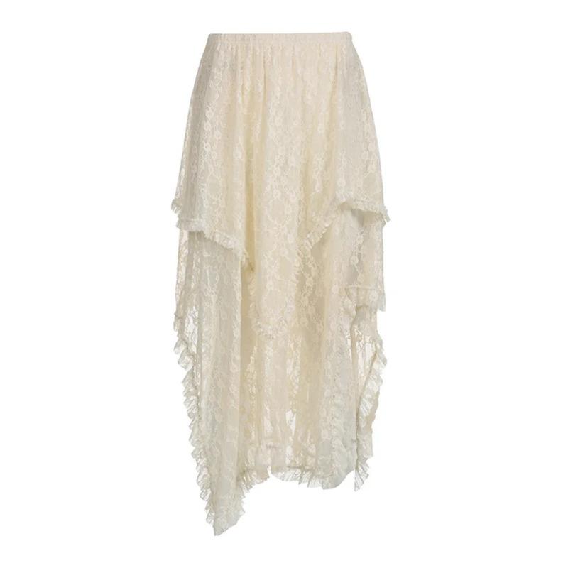 Weekeep Sexy Transparentní Nepravidelné Dlouhé Sukně Vintage Volány Patchwork Volná Krajka Midi sukně A-Line Dámské Y2k Letní dovolená