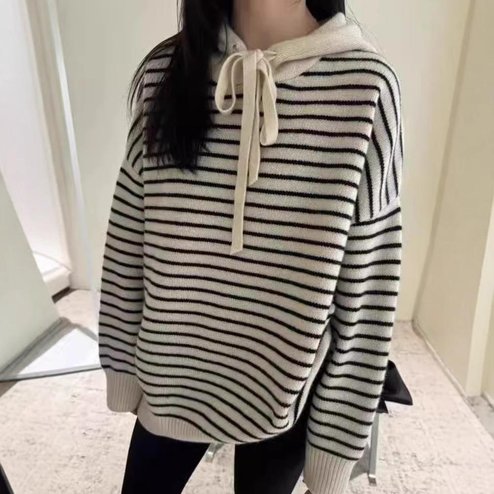 Korean Style Women's Color Block 100% Wool Striped Hooded Sweater, Winter Mid-Length Slimming Hoodie
