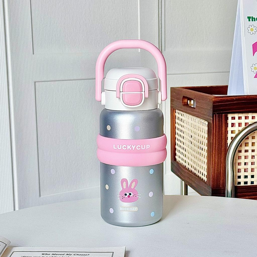 Tecknad söt termosmugg flickor högt värde rostfritt stål sugrörsmugg student tecknad stor kapacitet bärbart handtagsmugg