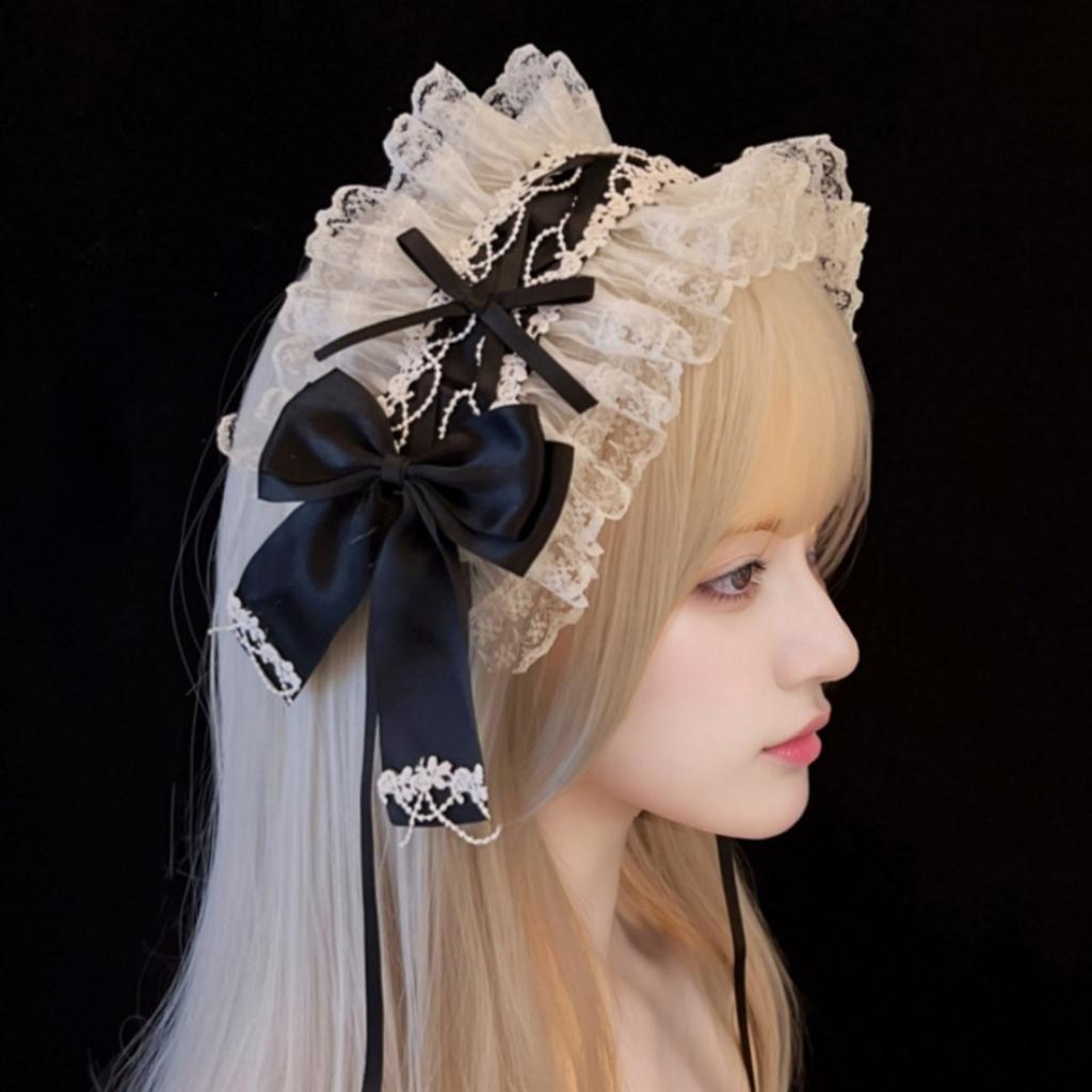Gothic Ruffled Lace Bowknot Headdress Cosplay Hair Accessories for Maid Girls Sweet Headband Sweet Party Accessories