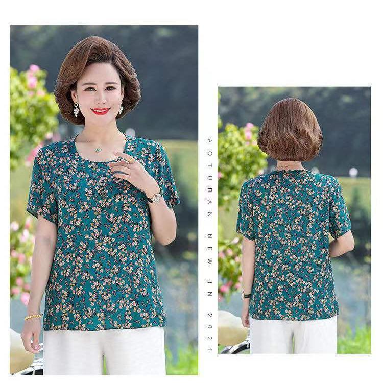 Dámské krátkorukávové s velkým potiskem Ledové hedvábí Krátkorukávové Volné Velké Velikosti Top Trhané Květiny Sto Triček