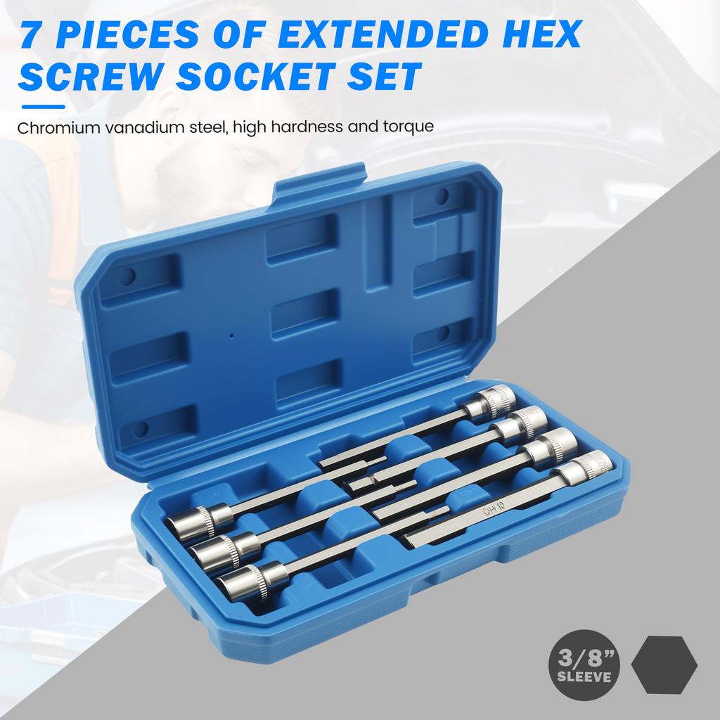 7 Pcs Hexagonal Bit Socket Set Alloy Steel 3/8 Inch Drive Compact Easy To Identify Extra Long Hex Socket Set for Home Repair