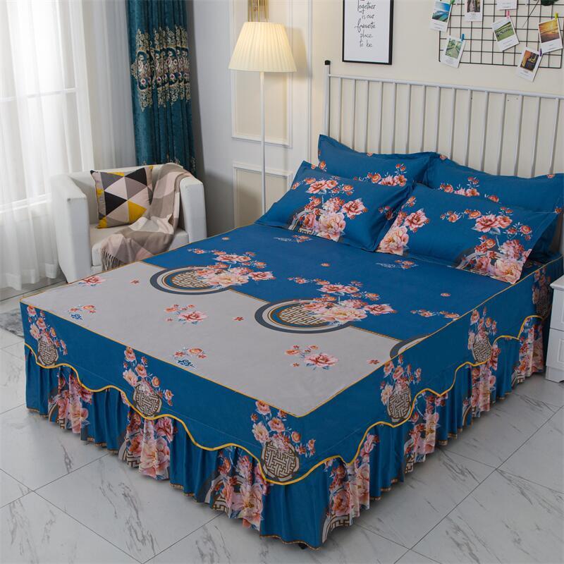 Flower Print Ruffled Bedding Set,Pillowcases Set/Bed Skirt Set,Bed Skirt*1 ,Pillowcases *2 (Size: Twin/Full/Queen/King)