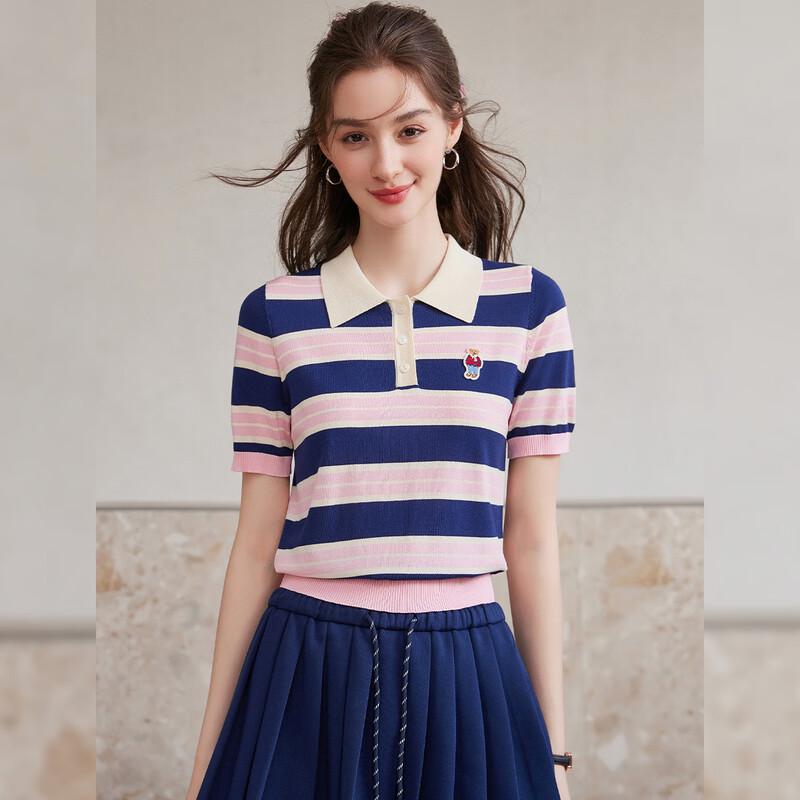 Bailuyu Retro Striped Embroidered Short Sleeve Lapel Knit Top L