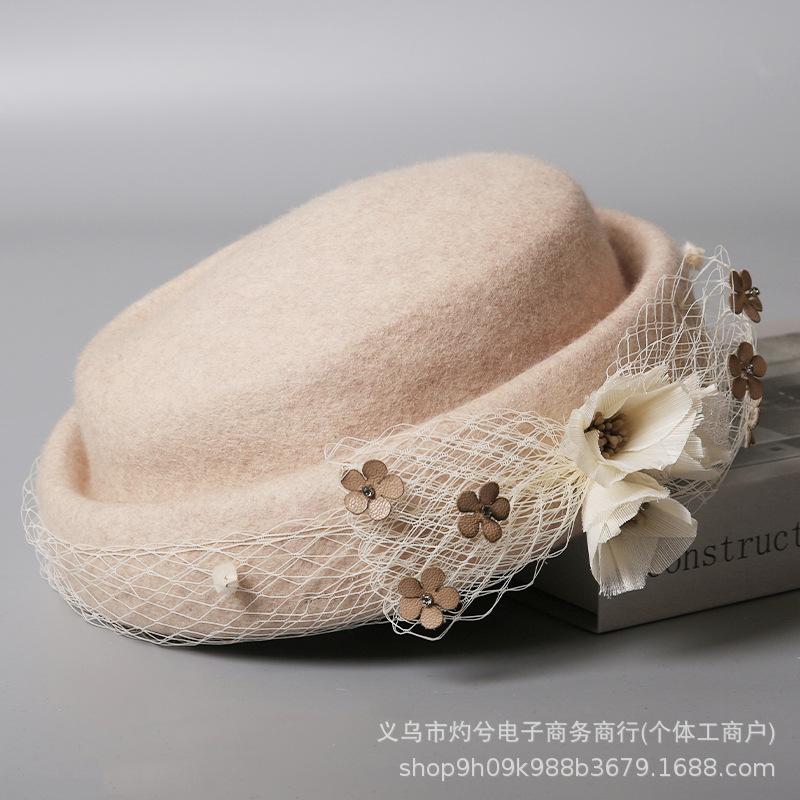 New autumn and winter boutique stewardess hat elegant mesh painter hat Australian pure wool warm felt personalized beret