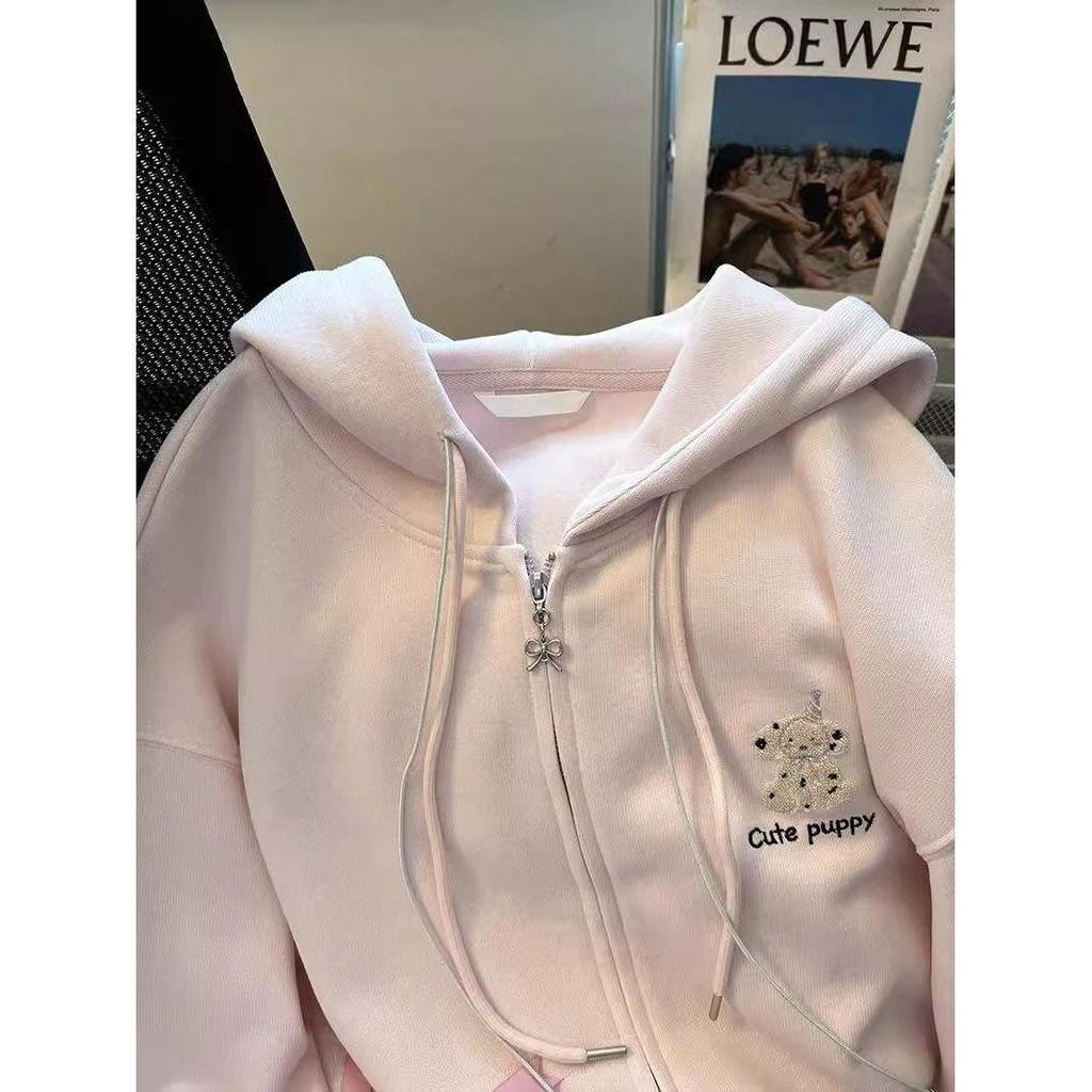Women's Sweet Preppy Pink Hooded Sweatshirt - Bow Cardigan for Autumn/Winter