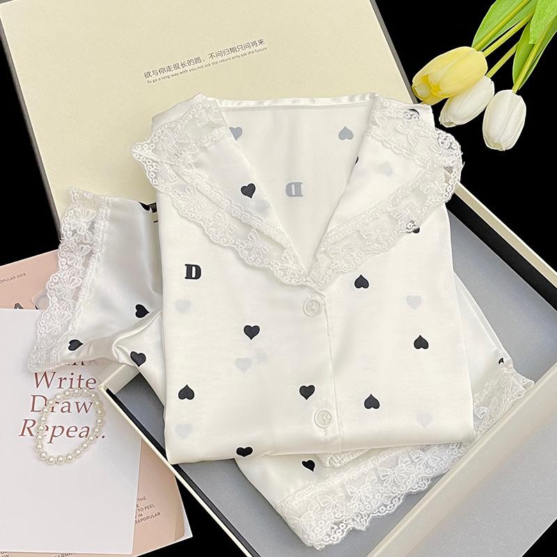 Summer Lace French Polka Dot Age-Reducing Girl Pajamas Short-Sleeved Set Cardigan Ice Silk Loungewear XL