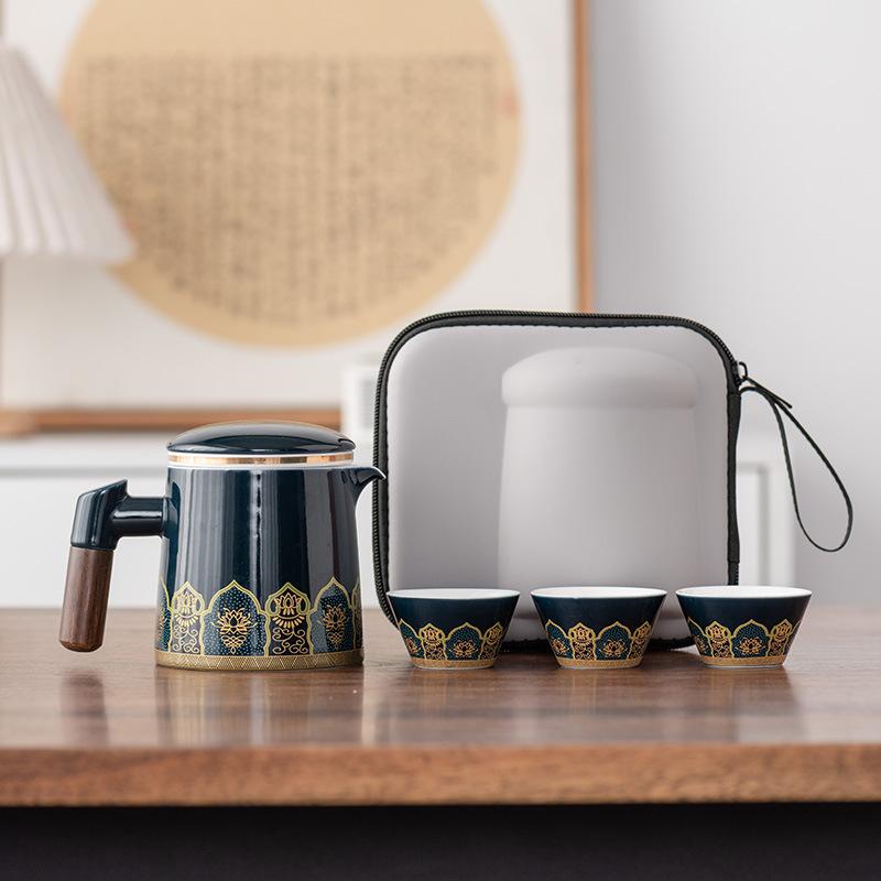 High-end Leather Bag Travel Kung Fu Tea Set Ceramic One Pot Three Four Six Cups Company Commemorative Gift