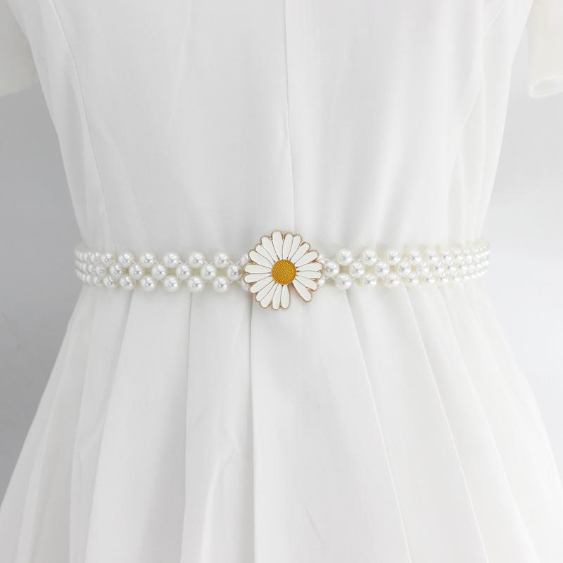 Women'S Rhinestone Pearl Waist Chain Dress Decorative Elastic Belt Women'S Sweet Flower Elastic Waist Seal