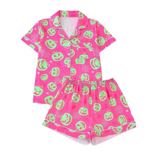 Halloween Women Pajamas Set Ghost Pumpkin Print Short Sleeve Button Down Shirts And Shorts Sleepwear Set 2 Piece Loungewear Pjs Short Set