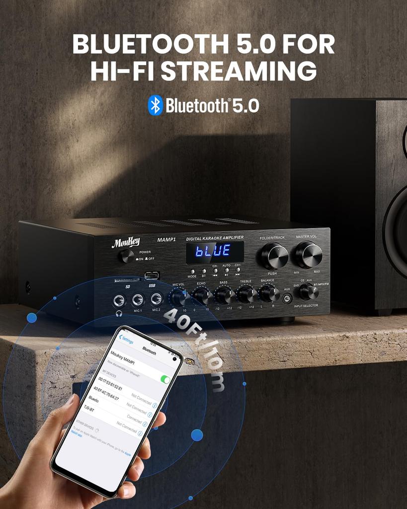 Moukey Erősítő Rendszer Mikrofon Mixer Max Kimenő Teljesítmény 220W Bluetooth Kompatibilis Kétcsatornás Hang Audio Sztereó Erősítő Monitorozás USB, SD, AUX,