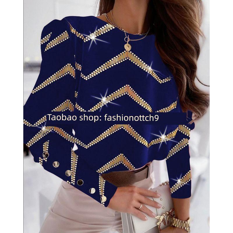 

2024 Fashion Printed Long Sleeved round Neck Button up Shirt Blue Gold XL