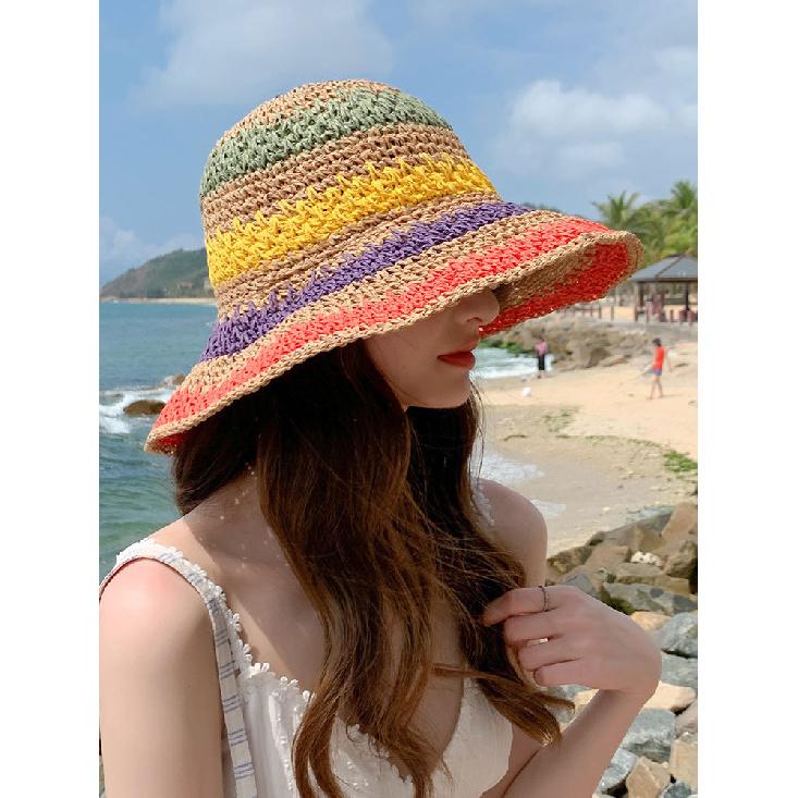 Handmade women's foldable bohemian seaside rainbow color block bucket hat, sun-shading and face-slimming trendy hat