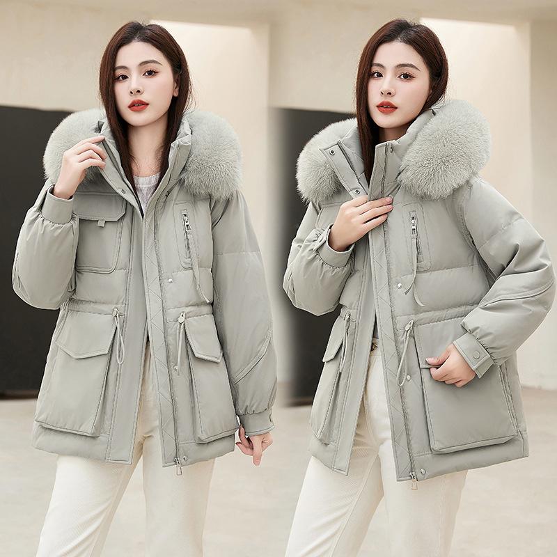 Big Fur Collar Down Jacket Women's New Hooded Thickened Mid-length White Duck Down Slim Coat Winter