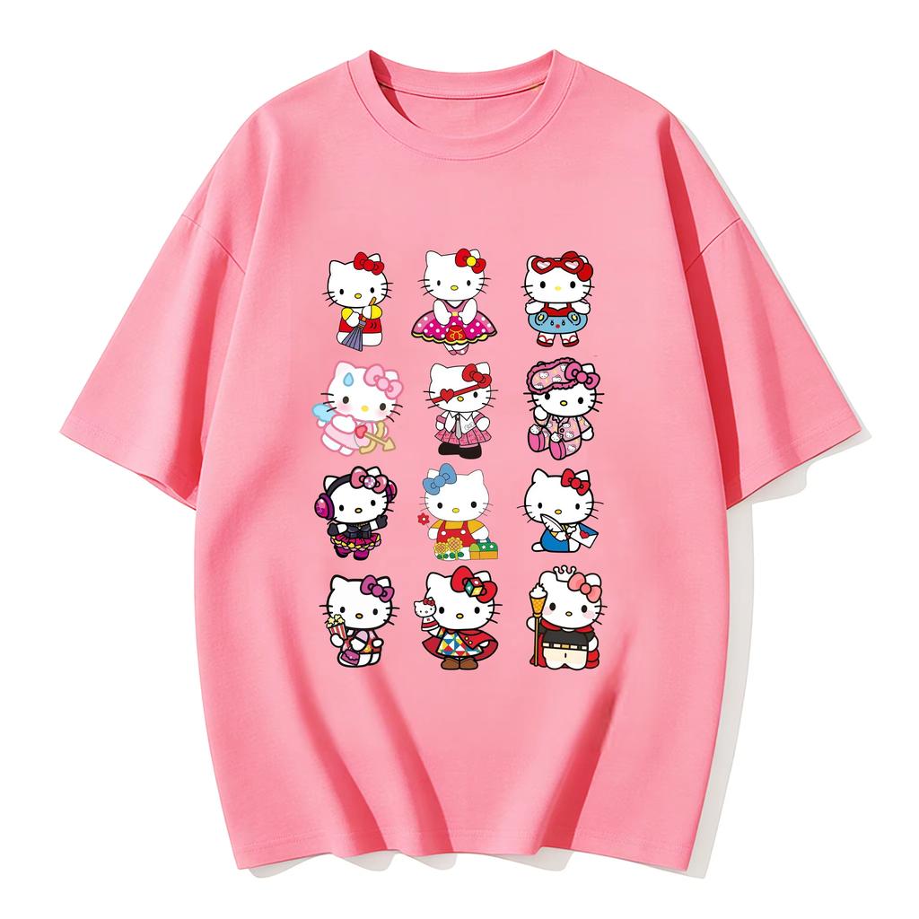 Cute Hello Kitty MultiCharacter Print Tshirt Casual Short Sleeve Tees for Comfortable summer loose Tshirt for Women