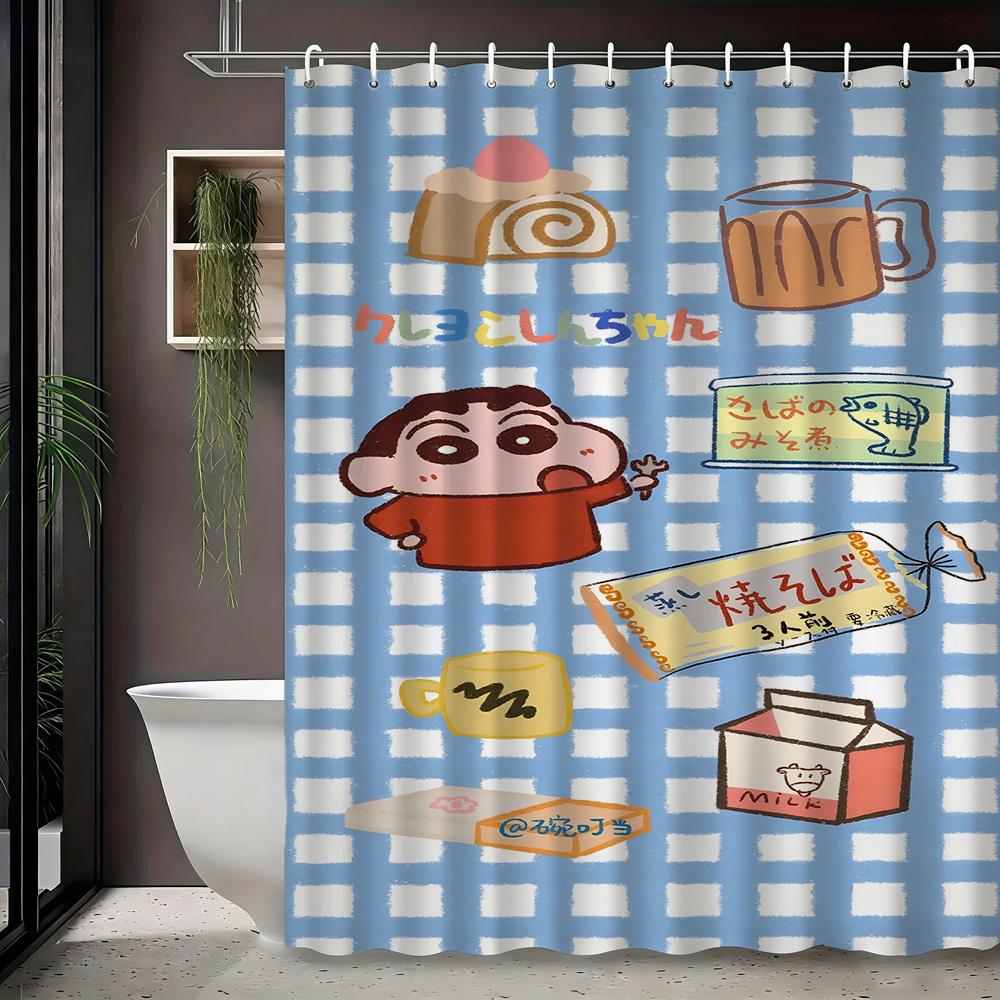 Crayon Shin-Chan & Friends School Uniform & Robot Statue Scene 2D Print Waterproof Shower Curtain, Blue & Yellow Bathroom Decor