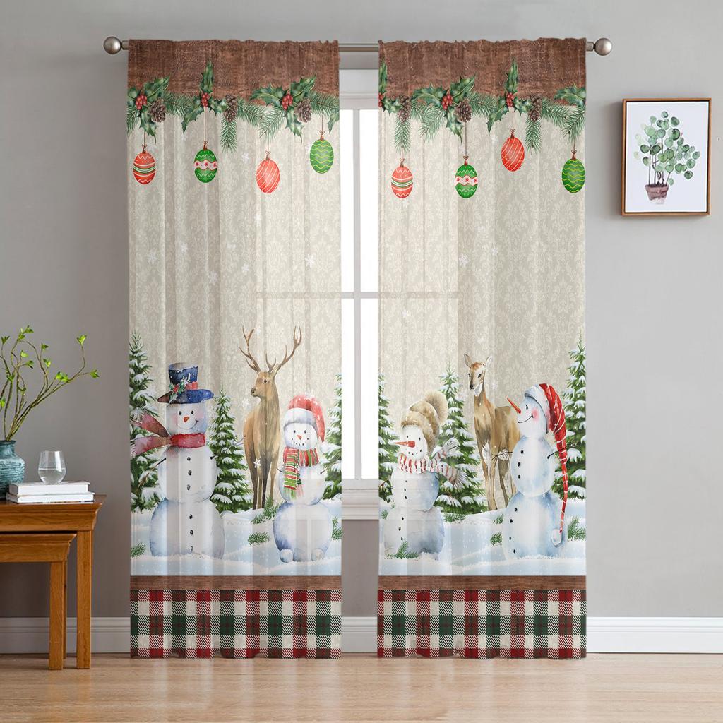 Christmas Christmas Tree Leaves Green Red Tulle Sheer Window Curtains for Living Room Bedroom Decor Voile Curtains Drapes