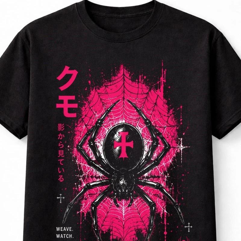 Japanese Black Widow Spider Gothic Web Horror Graphic Unisex TShirt S