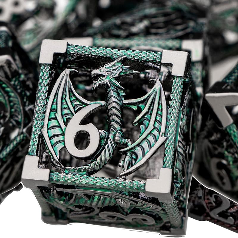 ARUOHHA Hollow DND Dice Set Copper Blue 5-Headed Dragon D and D Dice with Gift Box, Dungeons and Dragons Role Playing Games 7PCS Metal Polyhedral