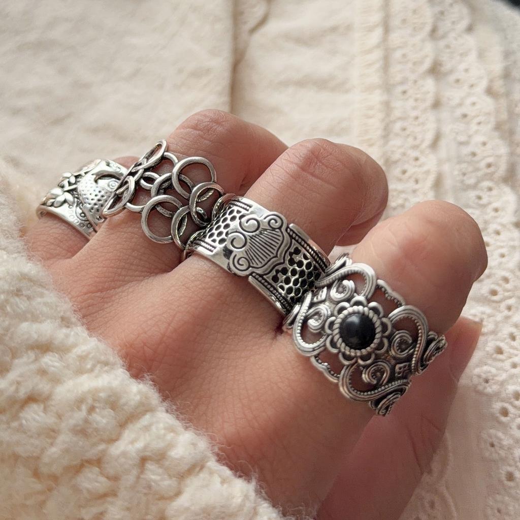 925 Silver Rings For Women Geometric Fine Jewelry Finger Adjustable Wide Hollow Stone Ring For Party Birthday Gift