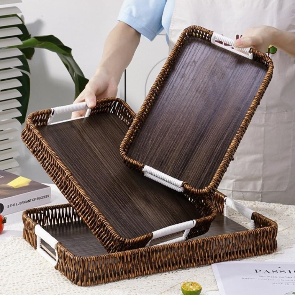 Handwoven Wicker Serving Tray Woven Handheld Plastic Rattan Storage Tray  Kitchen Storage