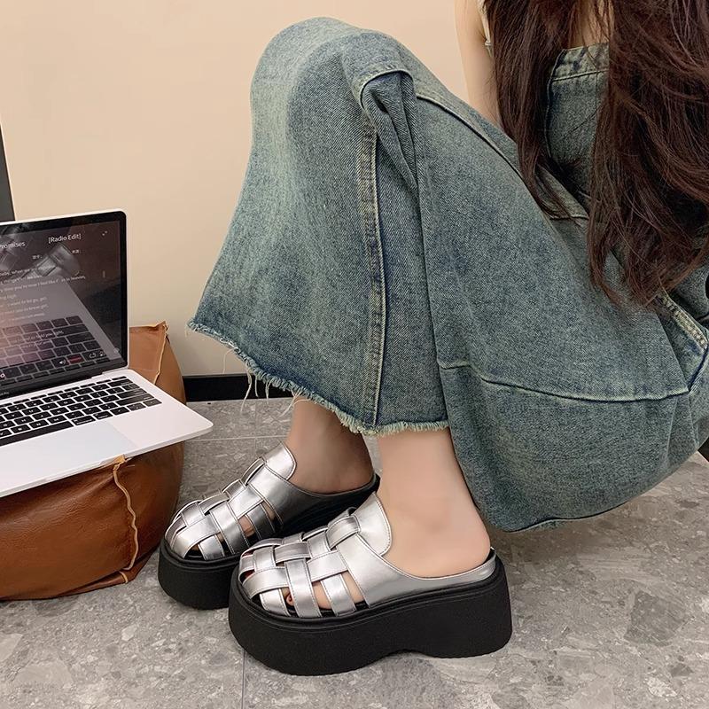 French woven baotou half slippers women's shoes spring and summer 2025 new muffin thick-soled hollowed-out versatile Roman sandals