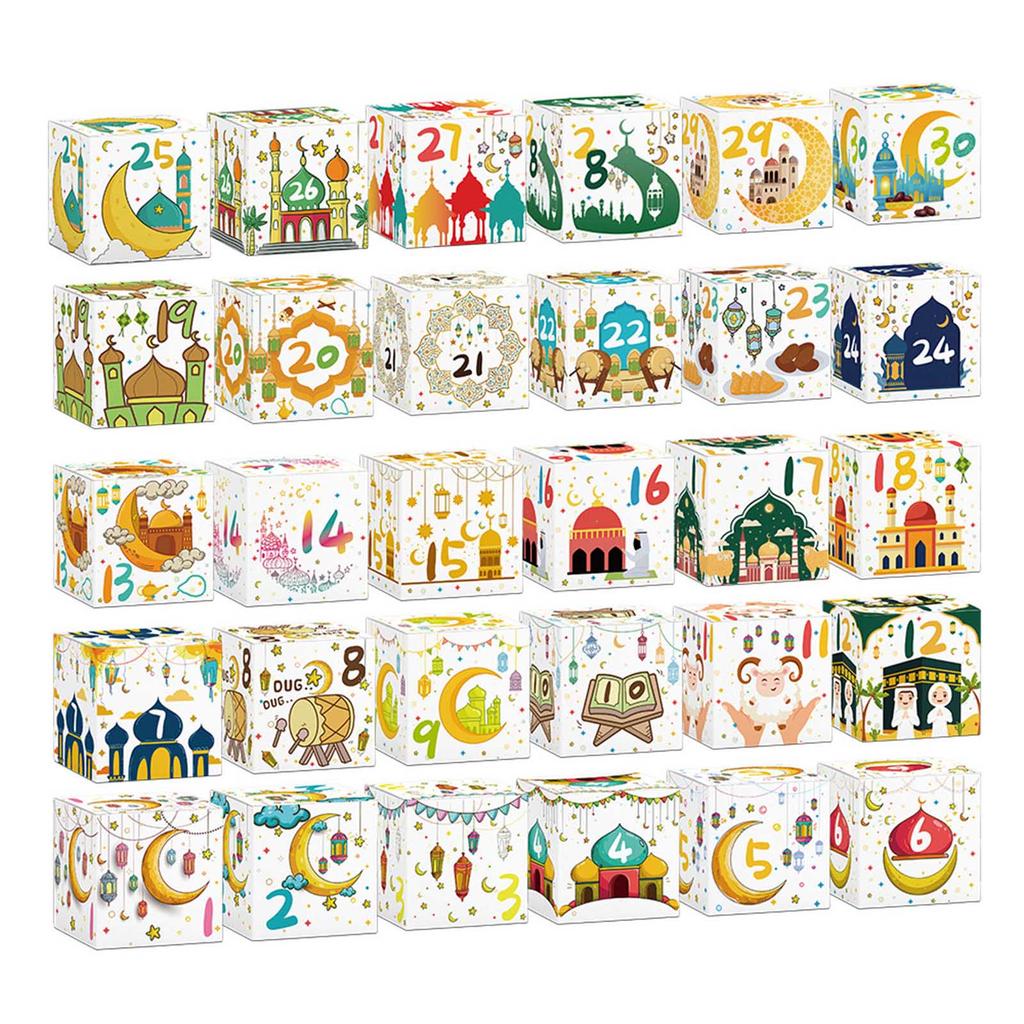 30Pcs Eid Festival Countdown Candy Boxes 7x7x7cm Paper Party Treat Boxes Countdown Treat Boxes Candy Cookie Bags