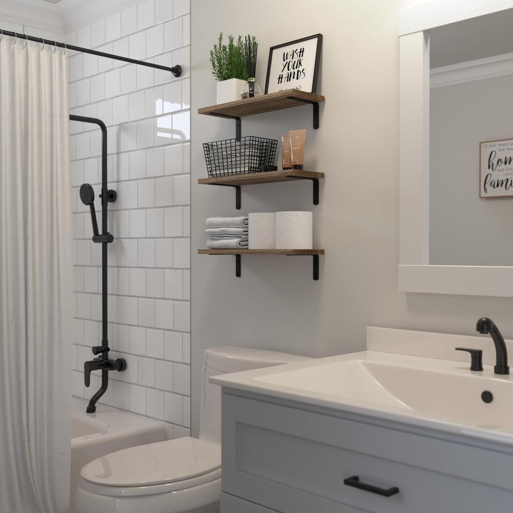 Rustic Wooden Floating Shelves Set of 3pcs Home Decor Wall Mounted Storage Shelves for Bathroom Living Room Bedroom