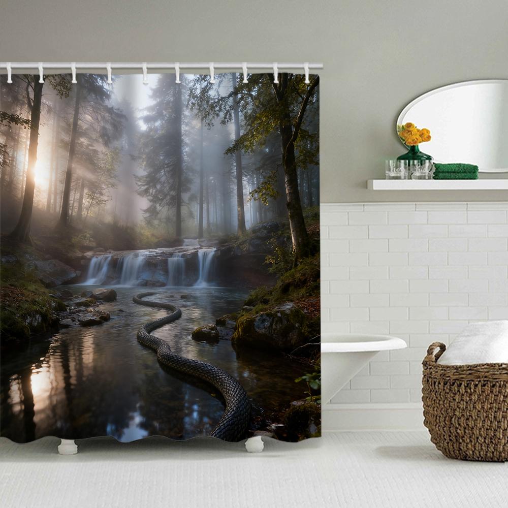

1/4 Forest Waterfalls print shower Curtains, Toilet Seat Decoration, Shower Curtain with Carpet and Toilet Lid, 70.8x70.8 inch 180*180cm