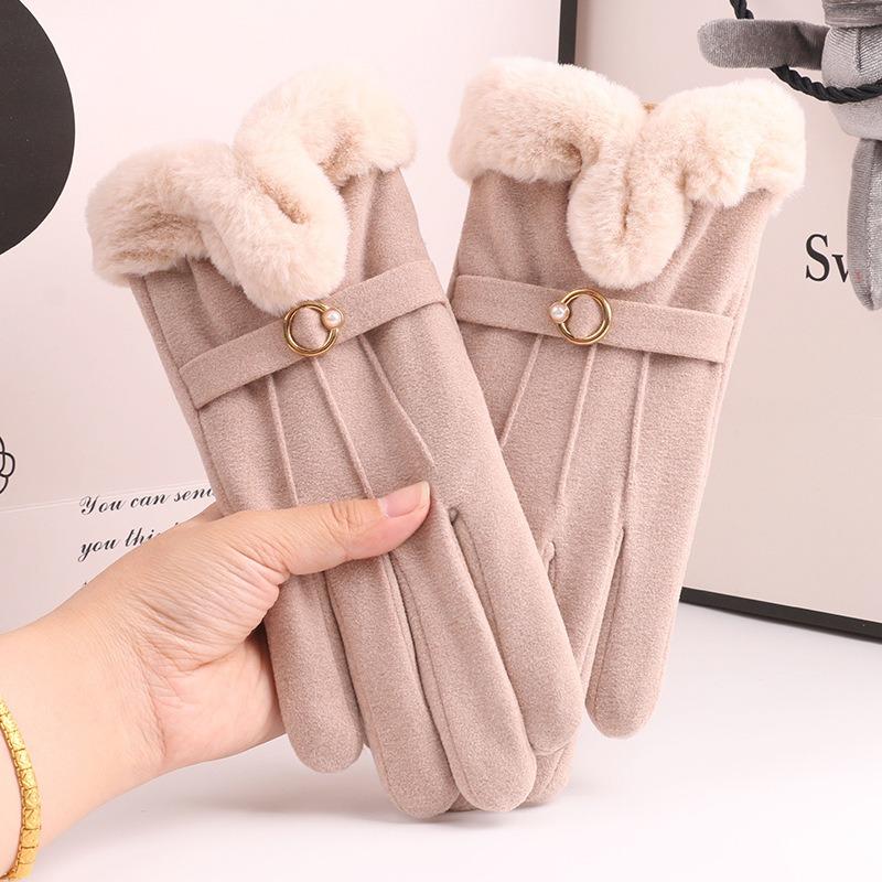 Autumn and winter suede gloves women's warm touch screen gloves imitation Rex rabbit hair mouth piled thickened cold-proof gloves