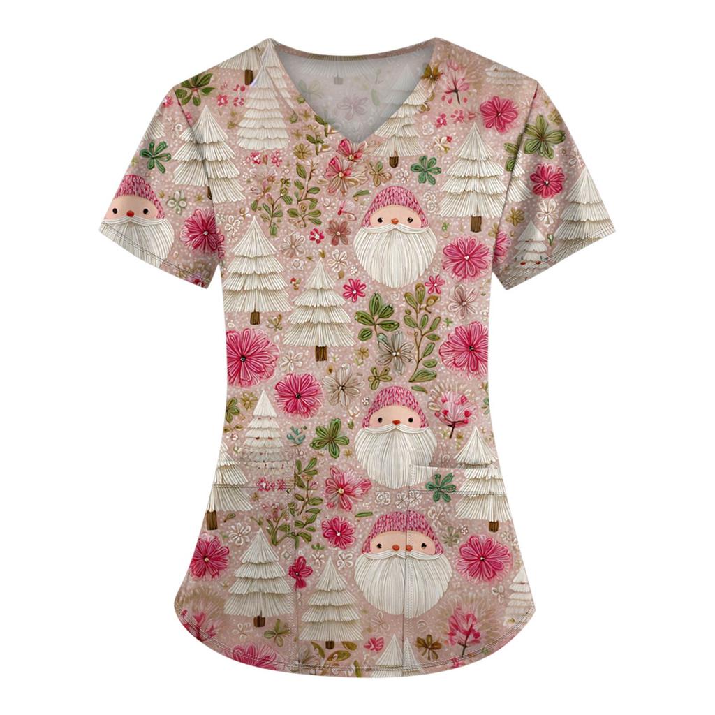 Damen-Bluse mit Weihnachtsdruck, kurzärmelig, V-Ausschnitt, Arbeitstasche