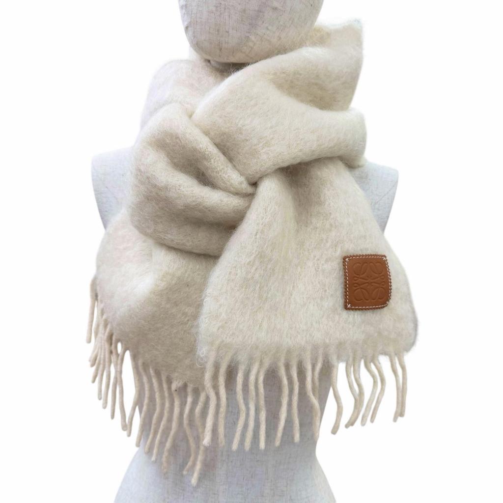 Excellent LOEWE Scarf Fringe with Anagram Leather Patch Ivory Mohair Women Used