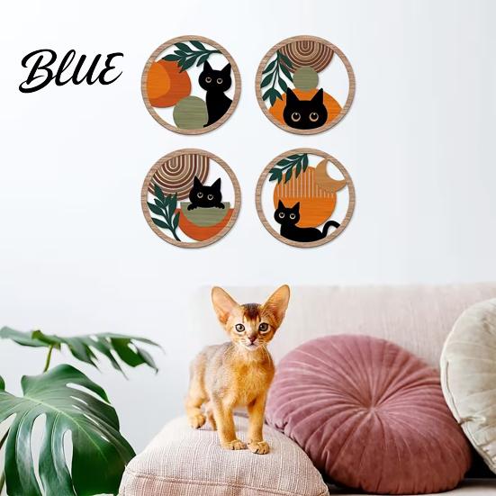 Cat Themed Wall Decor 4Pcs Black Set, Boho Cartoon Hanging Art, Home Art Farmhouse Rustic Wooden Plants Sign for Bedroom Living Room Office Theme