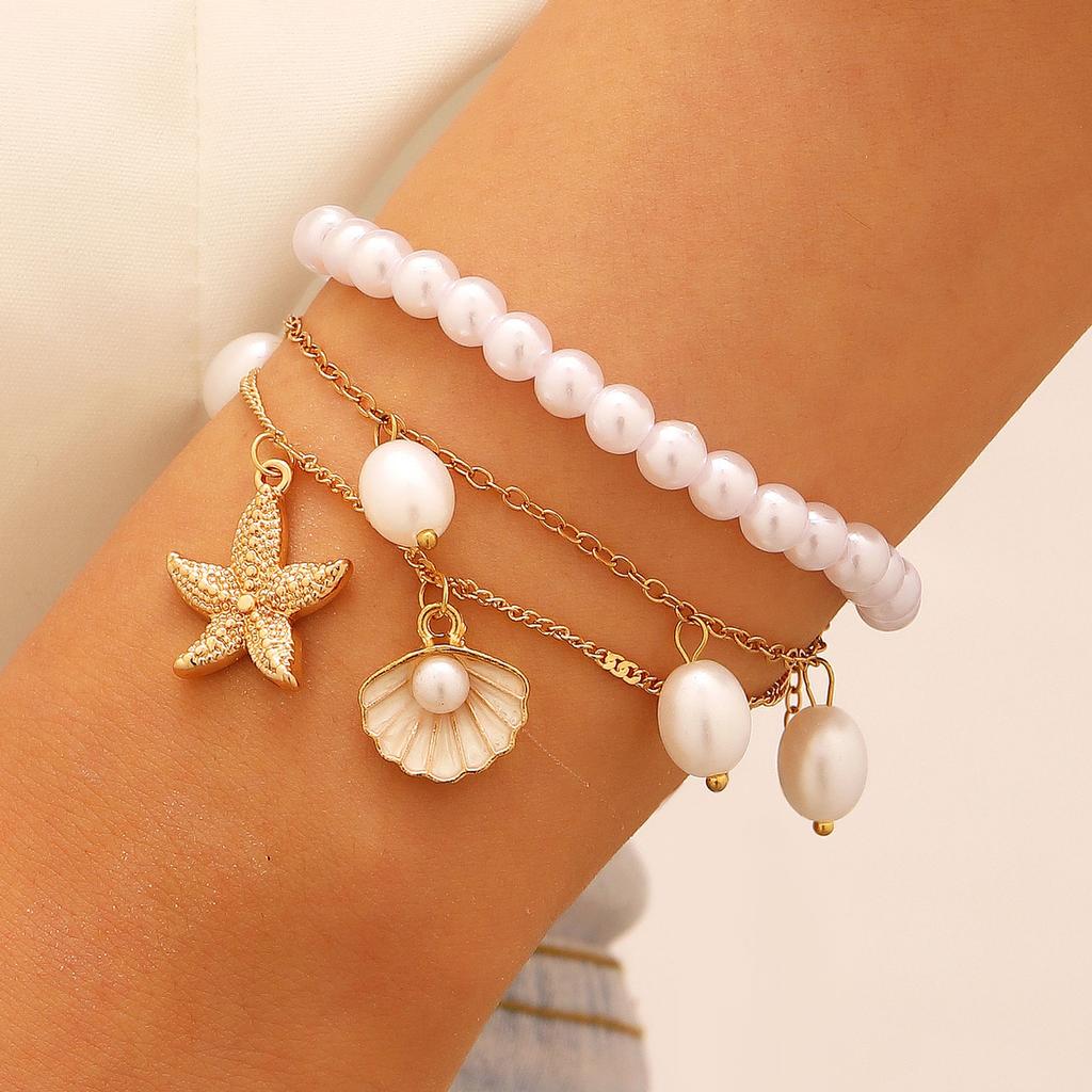 3pcs Set Creative Retro Starfish Conch Imitation Pearl Shell Beaded Stackable Anklets for Women Bohemian Vacation Jewelry Gifts