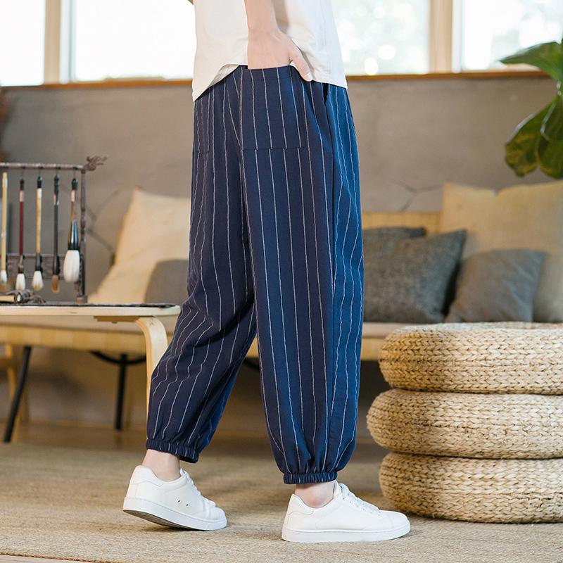Japanese Style Stripe Summer Cotton Linen Harem Pants Men Streetwear Breathable Beach Pants Male Casual Calf-Lenght Trousers