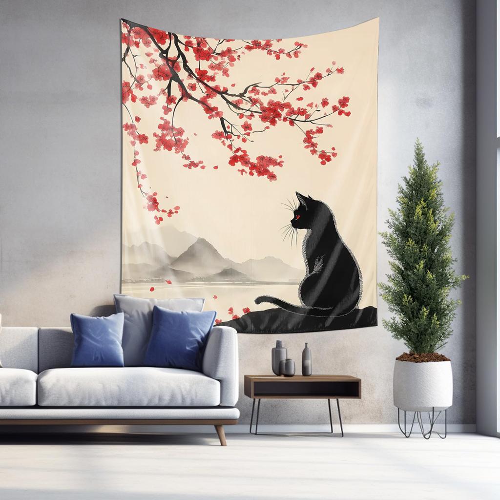 Black Cat and Cherry Blossom Tapestry Oriental Art Wall Hanging Elegant Home Decor