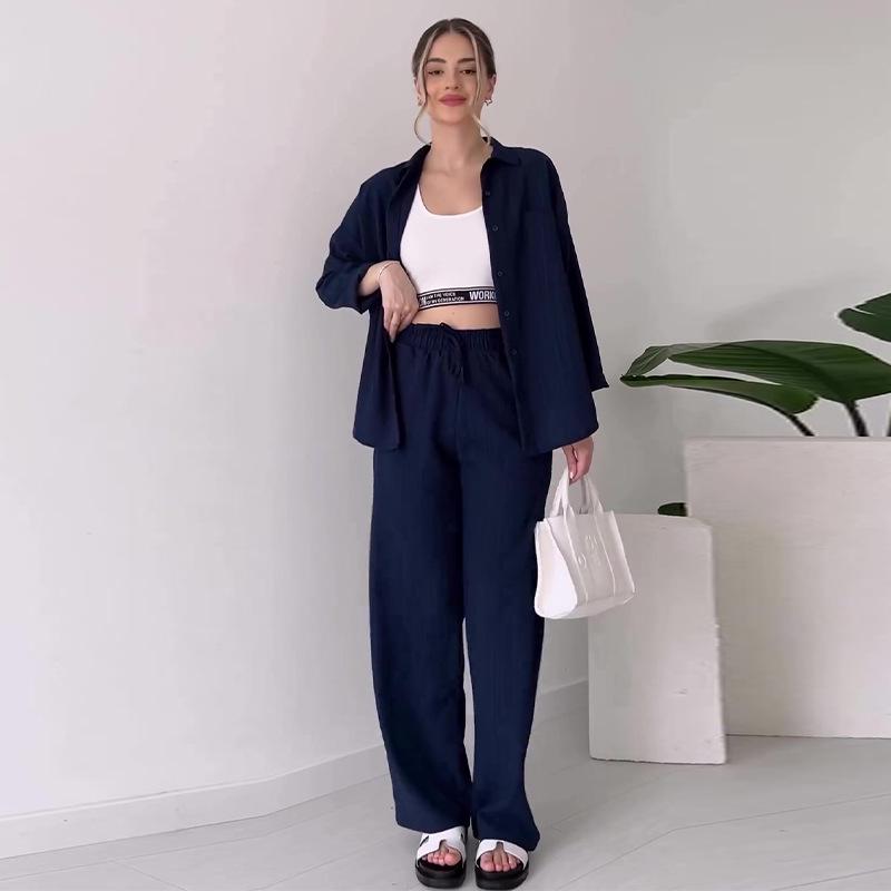 2024 Autumn European & American Women's Solid Color Casual Top and Drawstring Pants Set