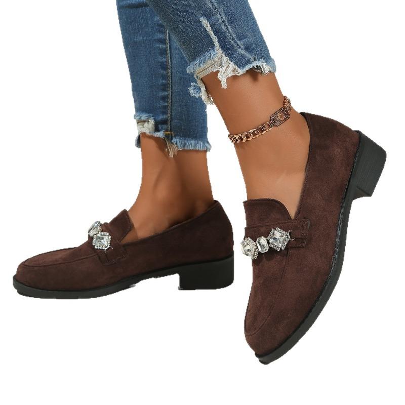 2025 Autumn New Rhinestone Suede Low-Top Shoes Thick Heels British Loafers Women