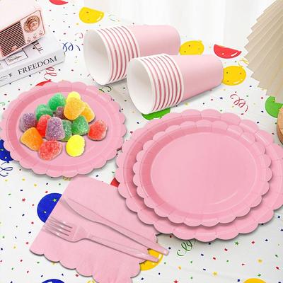 Food Grade Pink Paper Plates Vintage Floral Scalloped Edge Eco-Friendly Floral Paper Plates  Party