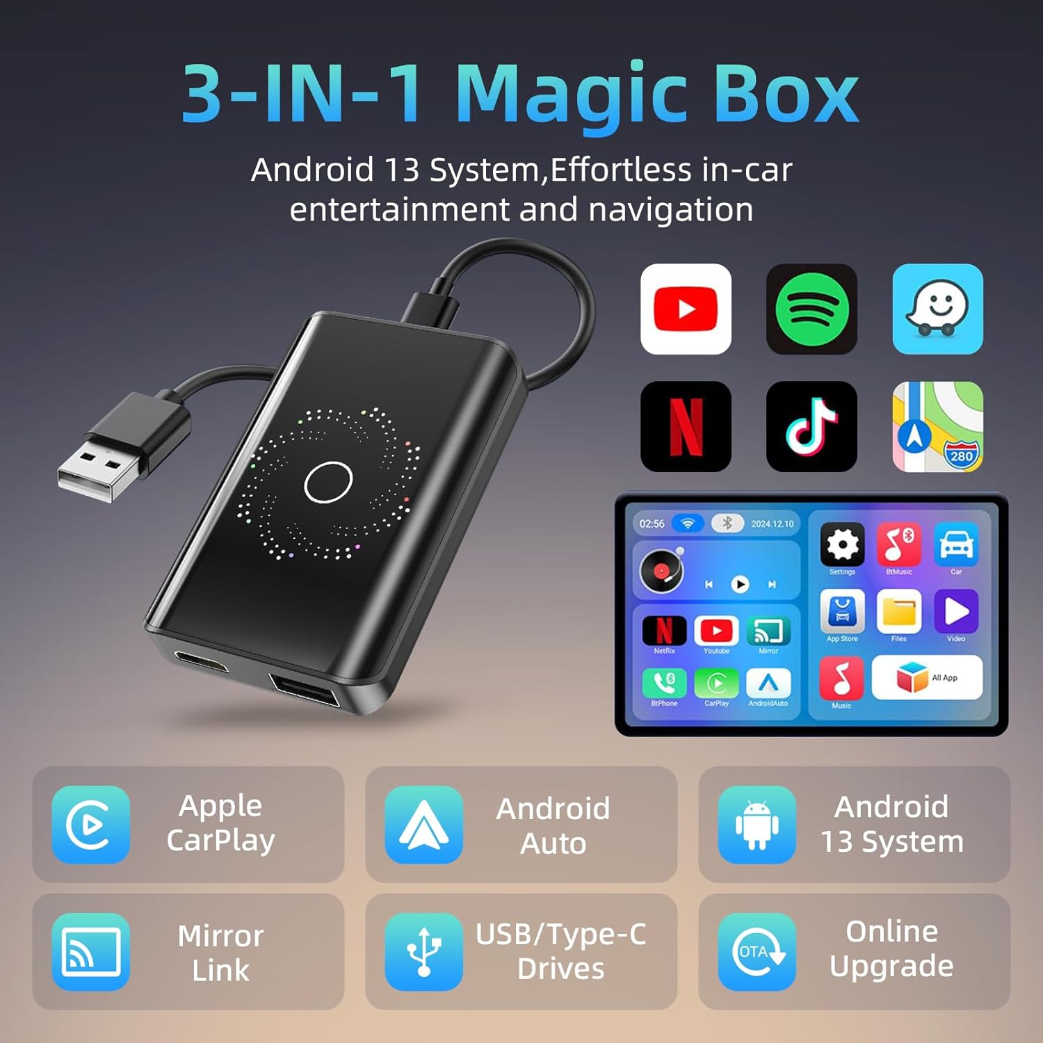 AI Box Беспроводной адаптер CarPlay для автомобиля, Двухдиапазонный WiFi, Bluetooth 5.4, 4K, Android 13, Plug & Play United States