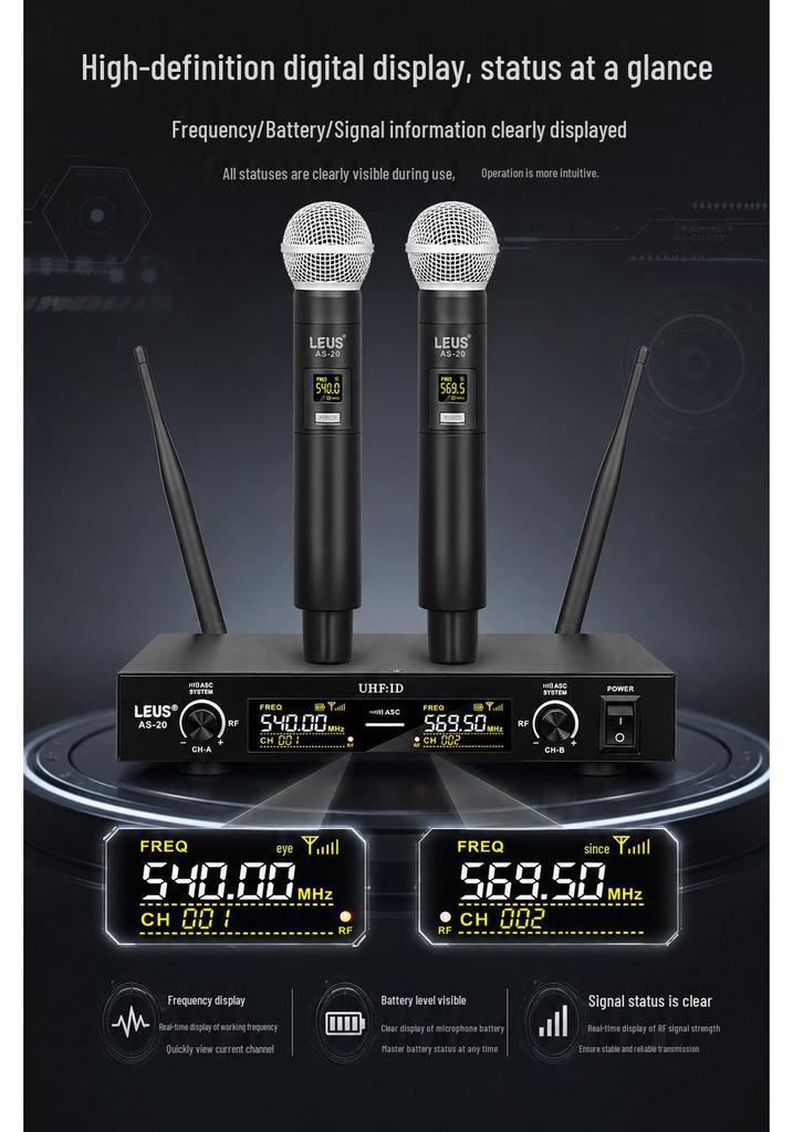 AS-20 Dual UHF Wireless Microphone for Professional Home, Stage, and KTV Use