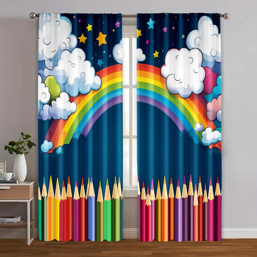2pcs   Minimalist Curtains Happy Back to School Machine Washable Polyester (without rod) Room Decor Perfect for Living Room