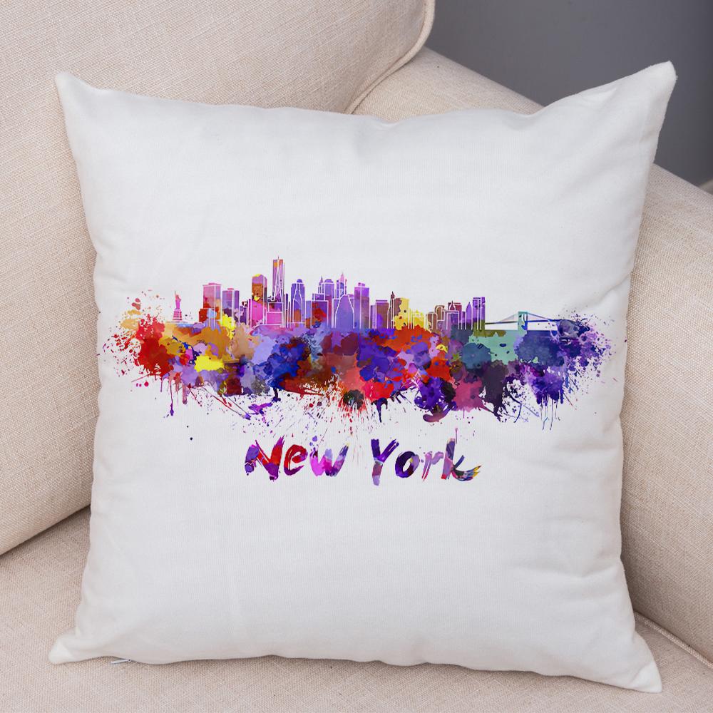 Watercolor City Skyline Cushion Cover Global Landmarks Art Print Soft Linen Living Room Bedroom Home Decor Pillow Case