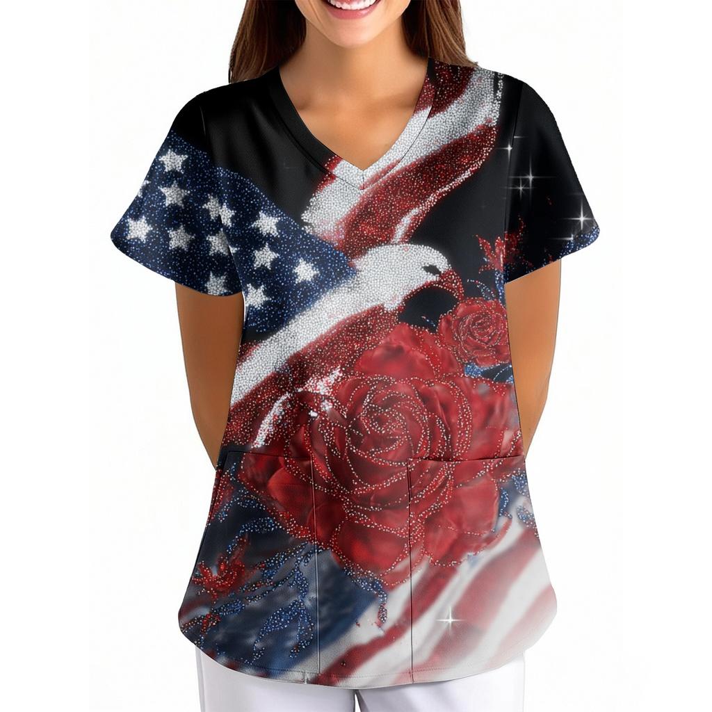 Damen Unabhängigkeitstag Aufdruck Locker V-Ausschnitt Tasche Kurzarm Pflegekraft/Uniform