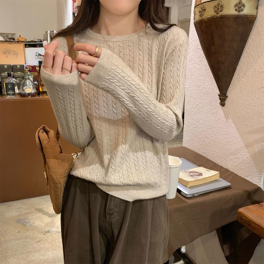 Round-neck Loose Knitted Sweater for Women Tweed Casual Sweater for Women Fashionable and Versatile Long-sleeved Pullover for Autumn and Winter