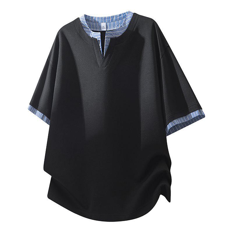 Мужская летняя рубашка в японском стиле с V-образным вырезом, полосатая, имитация комплекта из двух предметов 3XL чёрный