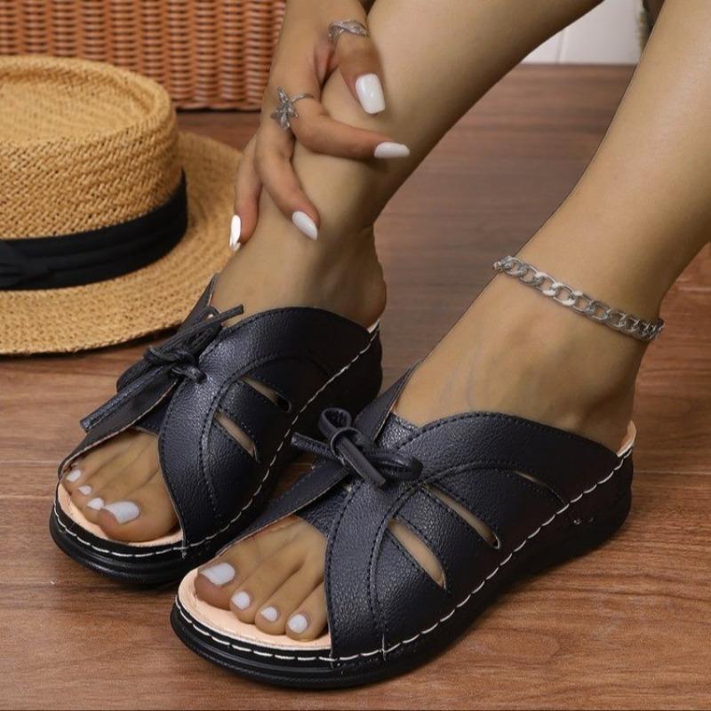 

2024 Горячая Распродажа Туфли для женщин на шнуровке женские тапочки Летние римские открытые носки однотонные уличные повседневные тапочки на танкетке большого размера 43