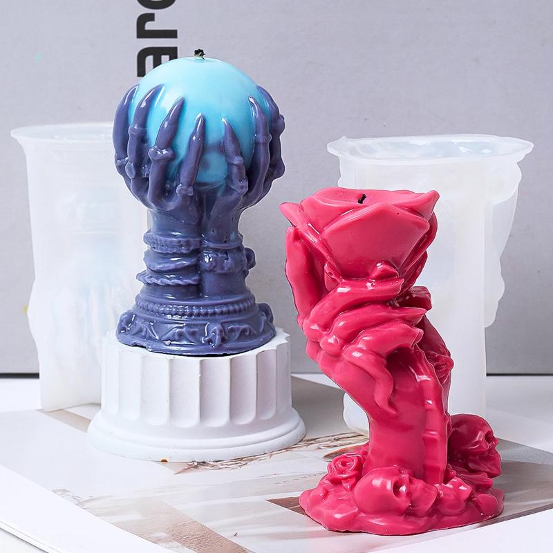 3D Hexenhand Kerze Silikonform Geisterklaue Rosenkugel Halloween Schädel Wachsgießen Form für Heimdeko und DIY-Projekte
