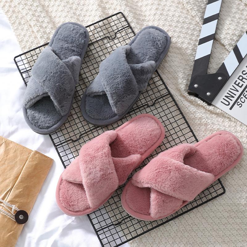 A12 Winter Double-striped Cross-hairy Slippers, Home Indoor Slip-resistant Thermal Cotton Slippers, Korean Version of Fashion Slippers