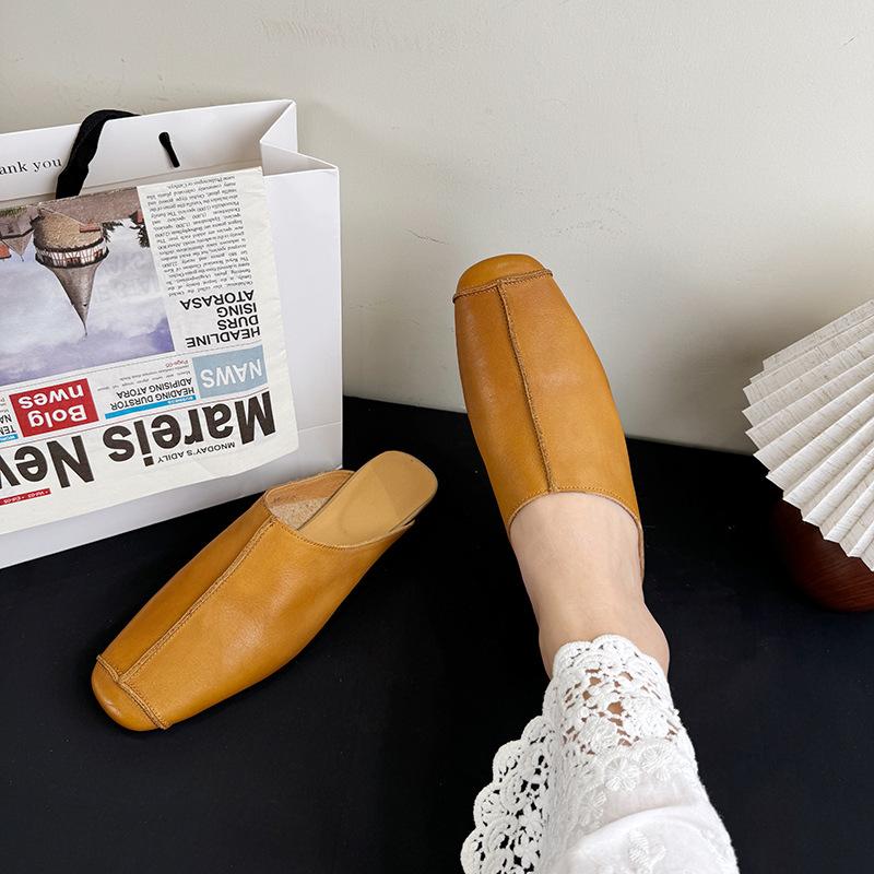 Johnature Retro Splicing Šití Ploché Pantofle Kulatá Špička Pravá Kůže Měkká Podrážka Jednobarevné Dámské Boty